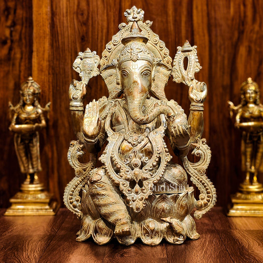 Brass Ganesha Idol on Lotus Pedestal - 21-inch Tall - Budhshiv.com