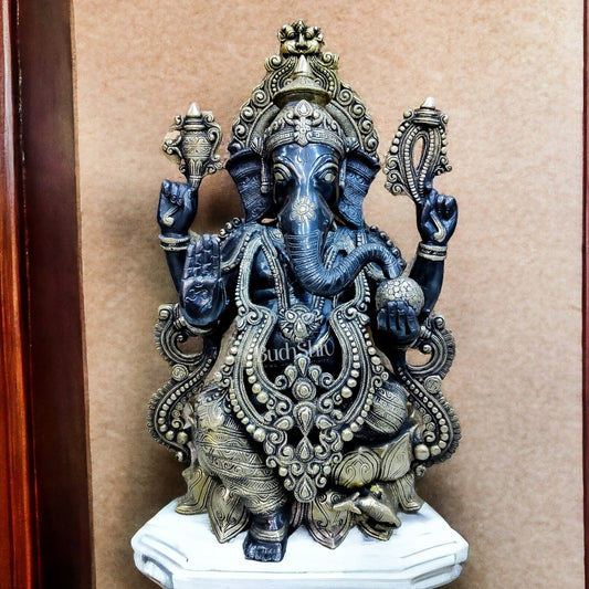 Brass Ganesha Idol on Lotus Pedestal with Mouse - Handcrafted 21-inch Tall - Budhshiv.com