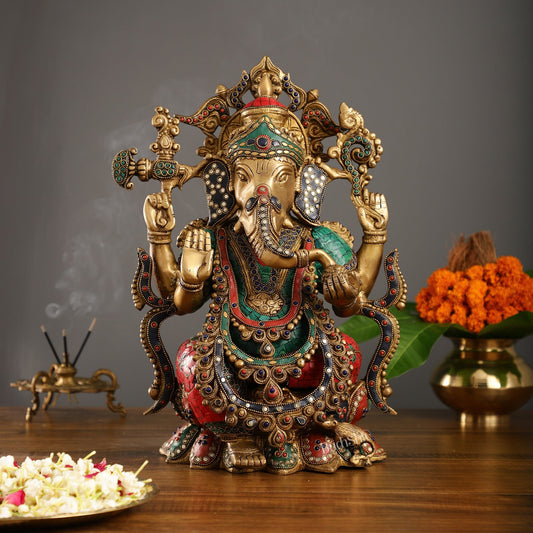 Brass Ganesha Idol with Stonework 16 inch - Budhshiv.com