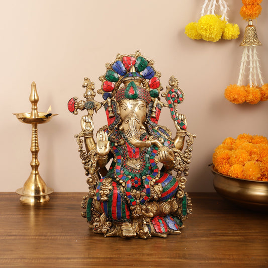 Brass Ganesha Idol with Stonework 16 inch - Budhshiv.com