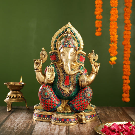 Brass Ganesha Idol with Stonework | Height 15 inch - Budhshiv.com