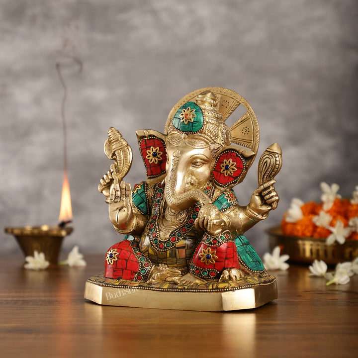Brass Ganesha Idol with Stonework | Height 8 inch - Budhshiv.com
