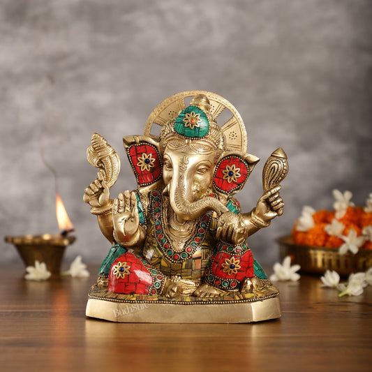 Brass Ganesha Idol with Stonework | Height 8 inch - Budhshiv.com