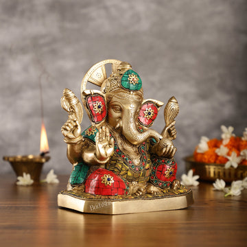 Brass Ganesha Idol with Stonework | Height 8 inch - Budhshiv.com