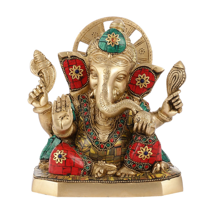 Brass Ganesha Idol with Stonework | Height 8 inch - Budhshiv.com