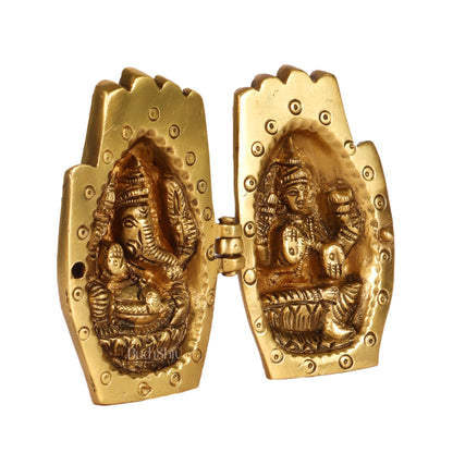 Brass Ganesha Lakshmi engraved on Foldable Namaste palm 3" - Budhshiv.com