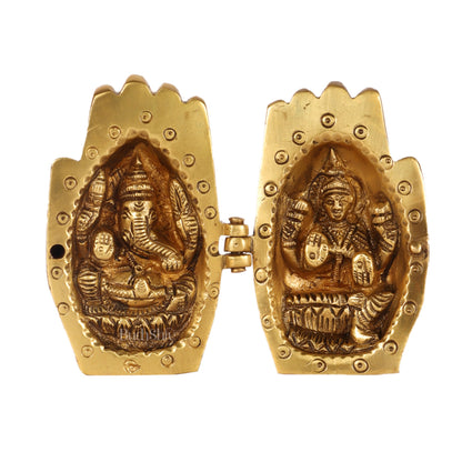 Brass Ganesha Lakshmi engraved on Foldable Namaste palm 3" - Budhshiv.com