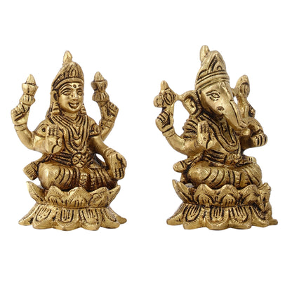 Brass Ganesha Lakshmi Idols on Lotus Superfine - 4x2.5x3 Inch - Budhshiv.com