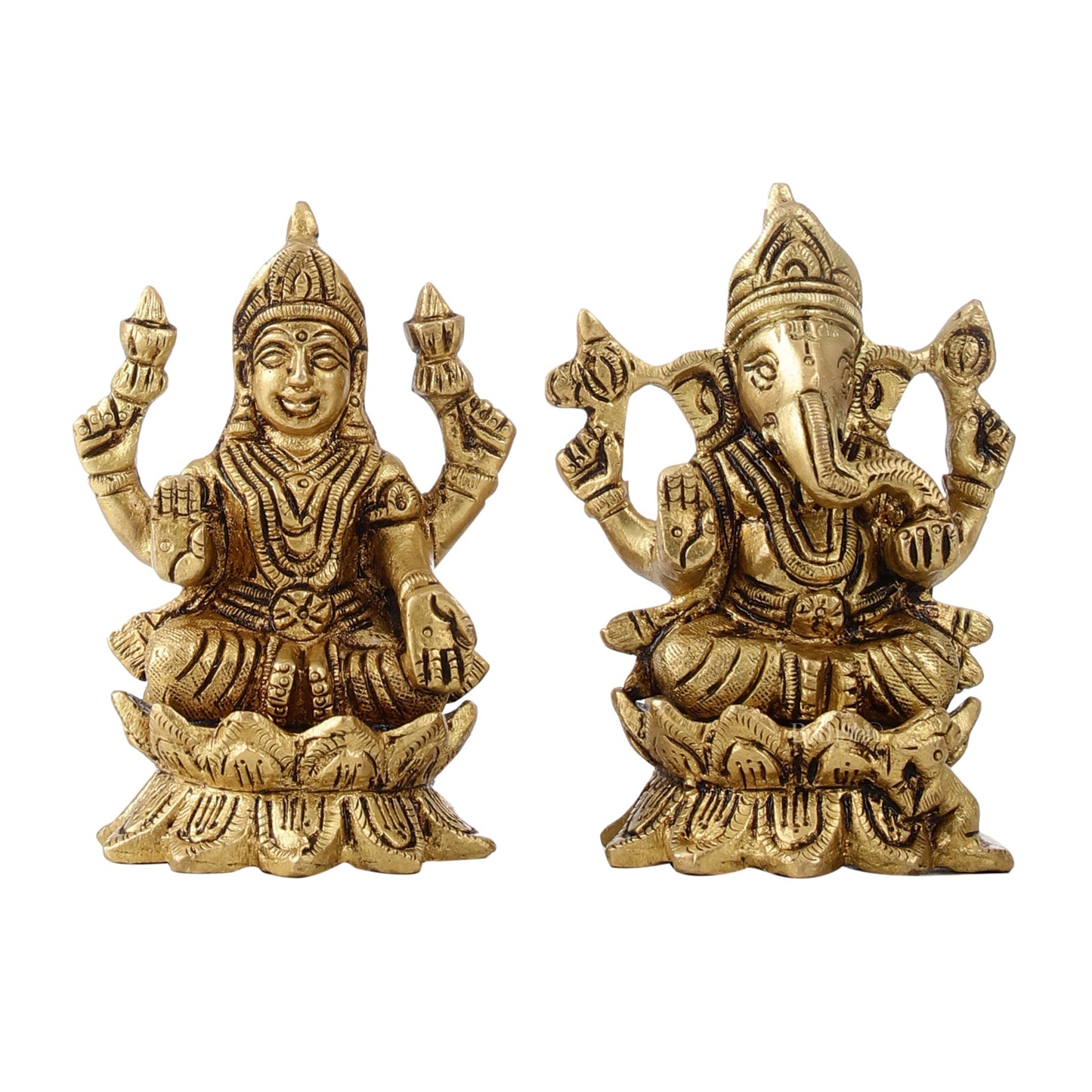 Brass Ganesha Lakshmi Idols on Lotus Superfine - 4x2.5x3 Inch - Budhshiv.com