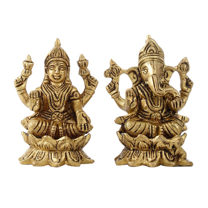 Brass Ganesha Lakshmi Idols on Lotus Superfine - 4x2.5x3 Inch - Budhshiv.com