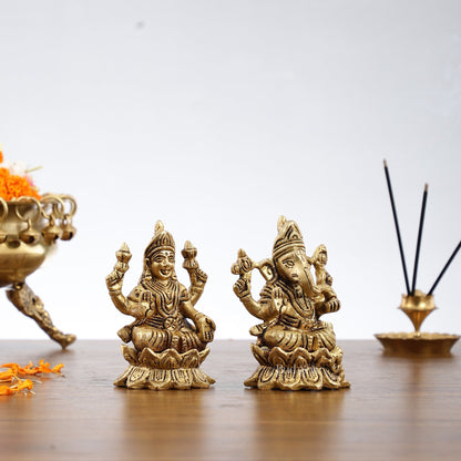 Brass Ganesha Lakshmi Idols on Lotus Superfine - 4x2.5x3 Inch - Budhshiv.com