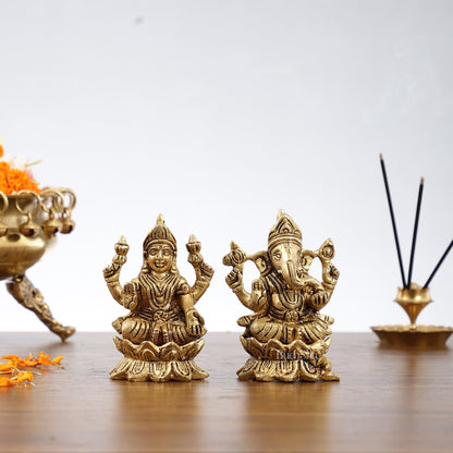 Brass Ganesha Lakshmi Idols on Lotus Superfine - 4x2.5x3 Inch - Budhshiv.com