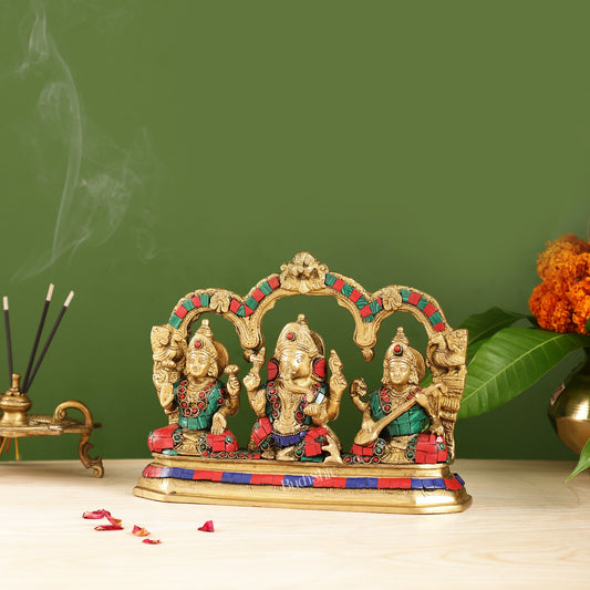Brass Ganesha Lakshmi Saraswati Idol Set with Meenakari Stonework - Budhshiv.com