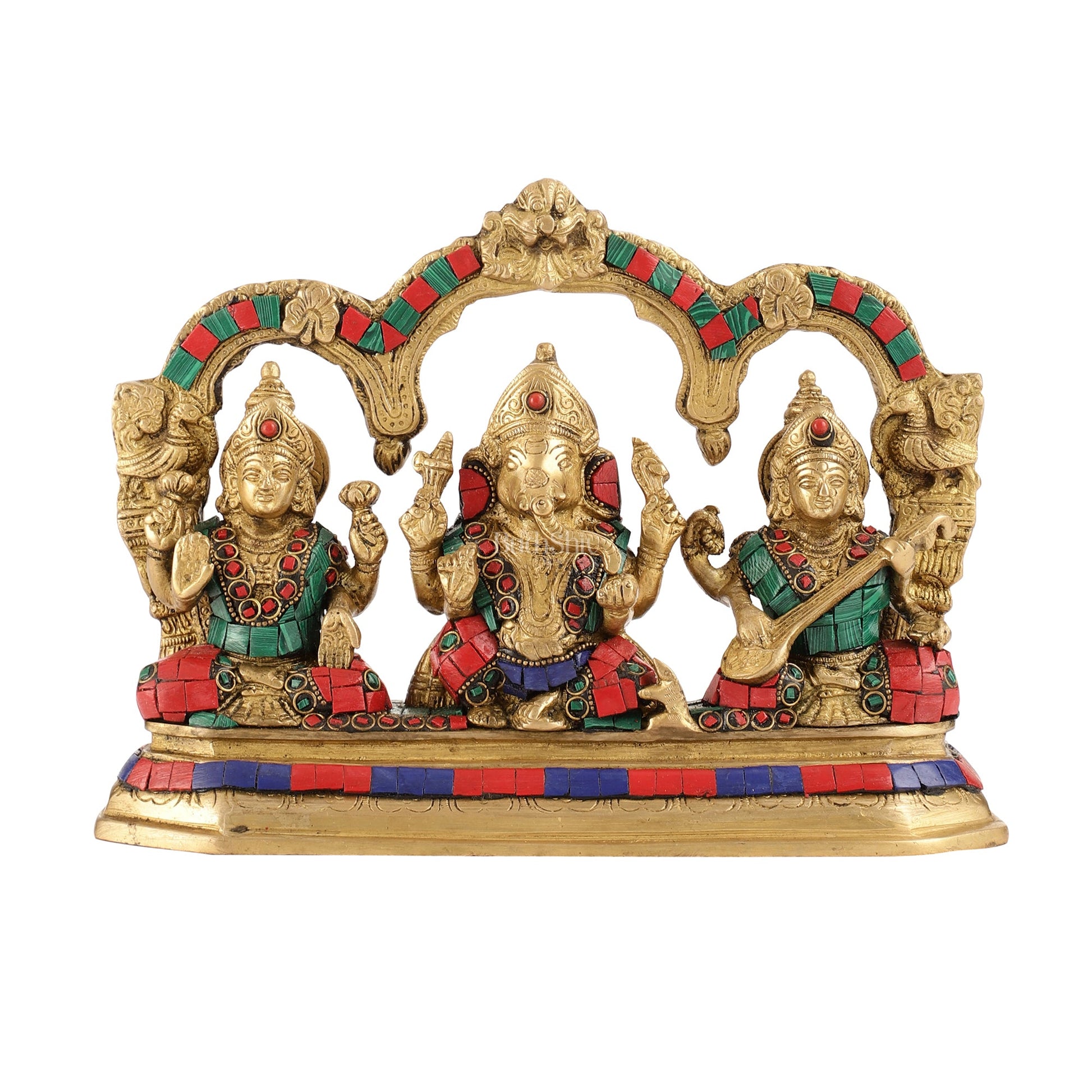 Brass Ganesha Lakshmi Saraswati Idol Set with Meenakari Stonework - Budhshiv.com