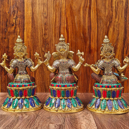 Brass Ganesha Lakshmi Saraswati Idols - Handcrafted with Stonework - 15" - Budhshiv.com
