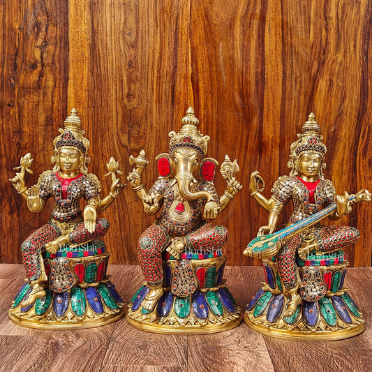 Brass Ganesha Lakshmi Saraswati Idols - Handcrafted with Stonework - 15" - Budhshiv.com