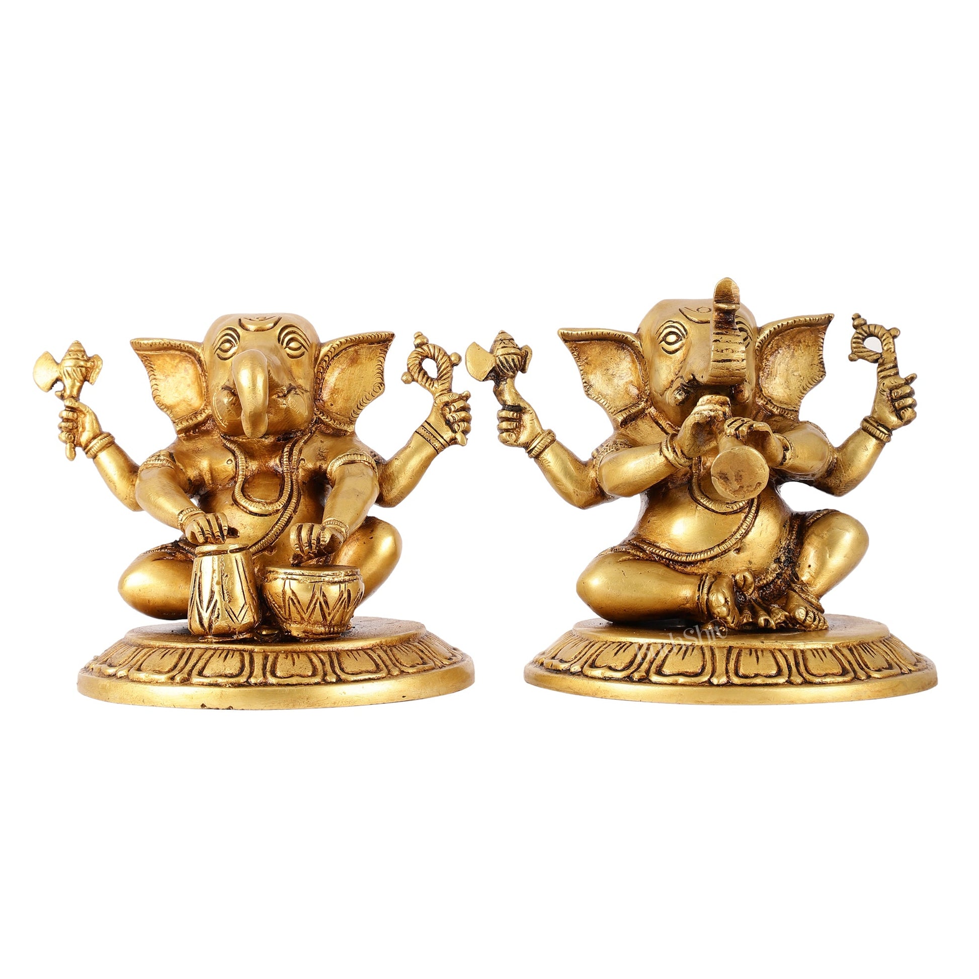 Brass Ganesha Music Set Idols - 5 Inch - Budhshiv.com