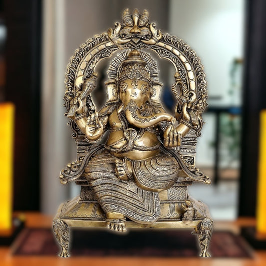 Brass Ganesha on King Size Throne with Prabhavali Arch - 28" - Budhshiv.com