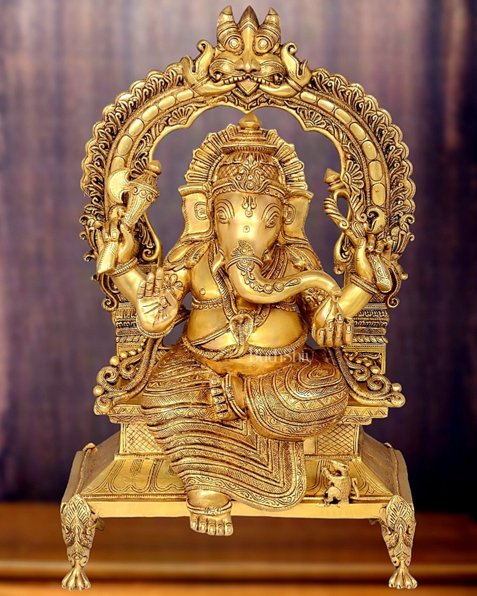 Brass Ganesha on King Size Throne with Prabhavali Arch - 28" - Budhshiv.com