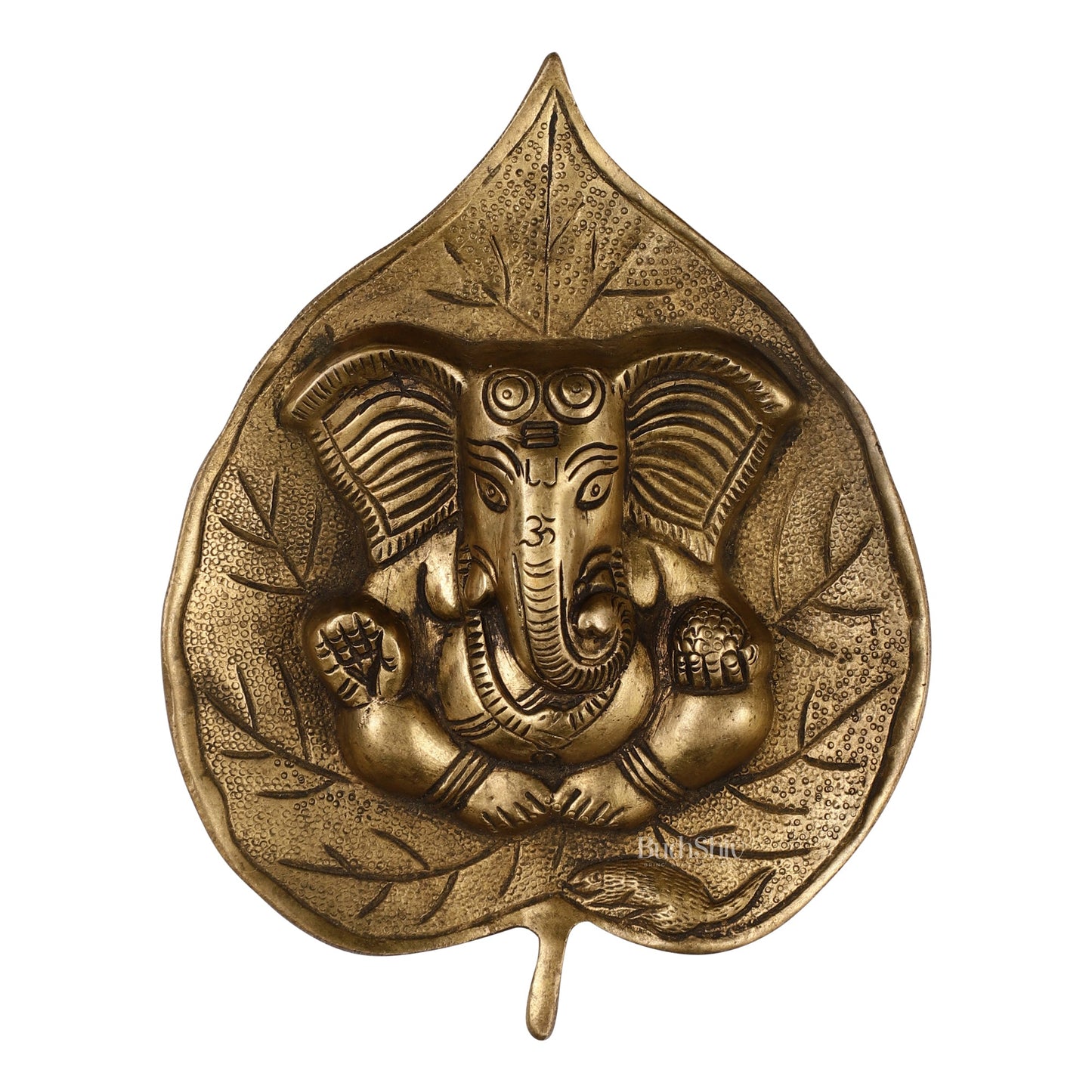 Brass Ganesha on Leaf Wall Hanging - 7 inch - Budhshiv.com