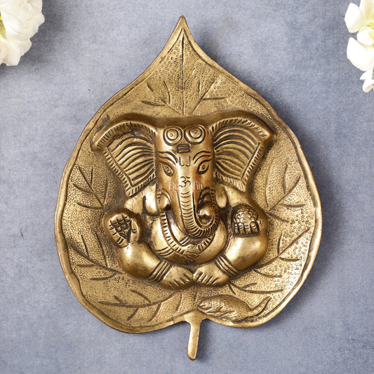 Brass Ganesha on Leaf Wall Hanging - 7 inch - Budhshiv.com