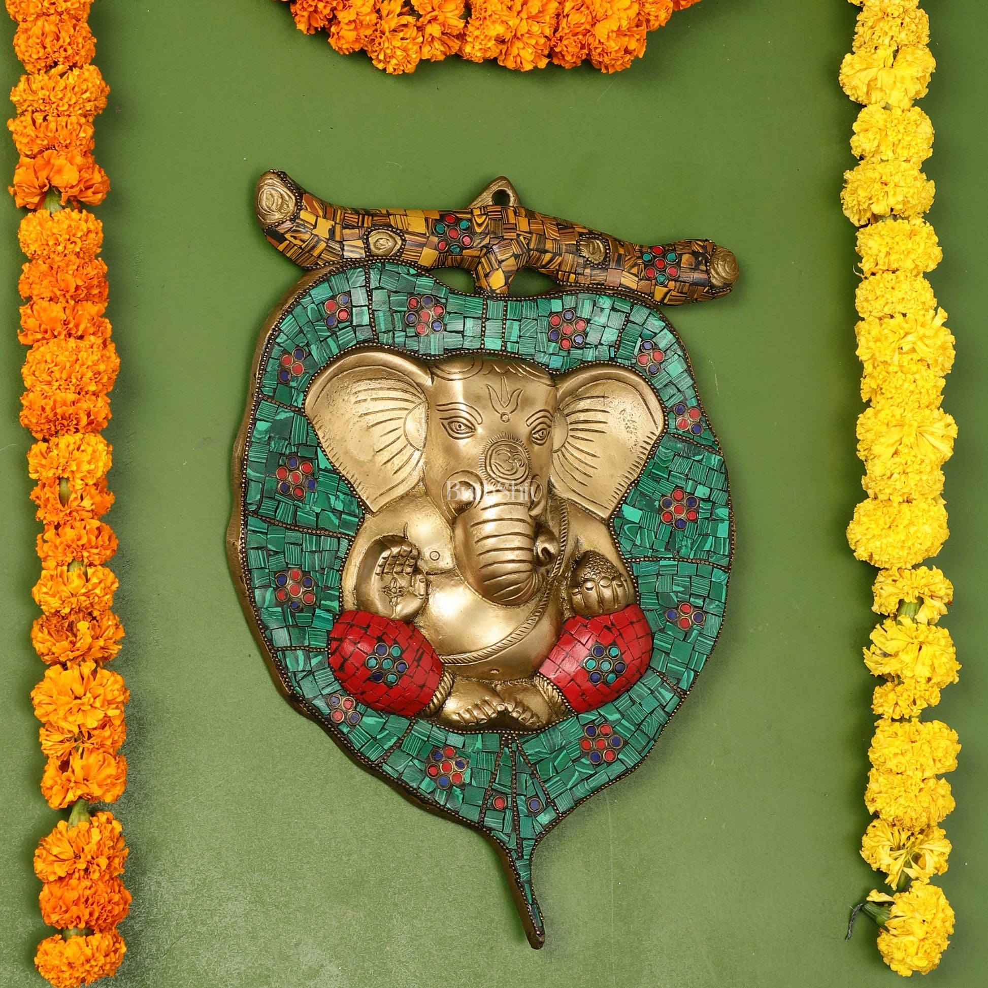 Brass Ganesha on Leaf Wall Hanging with Stonework - 13 x 9 inch - Budhshiv.com