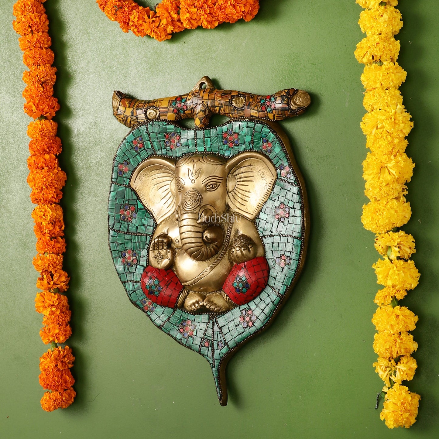 Brass Ganesha on Leaf Wall Hanging with Stonework - 13 x 9 inch - Budhshiv.com