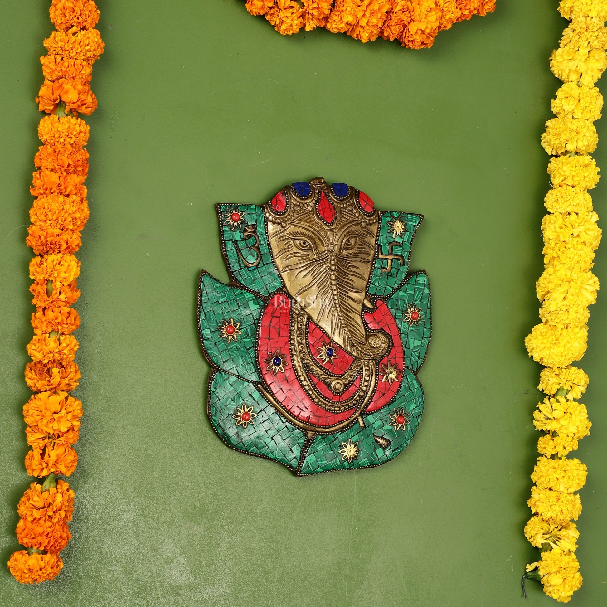 Brass Ganesha on Leaf Wall Hanging with Stonework - 8.5x7 inch - Budhshiv.com