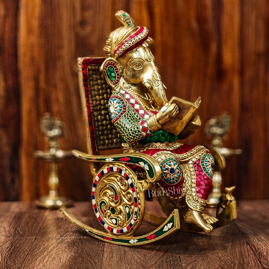 Brass Ganesha on Rocking Chair 17" - Budhshiv.com