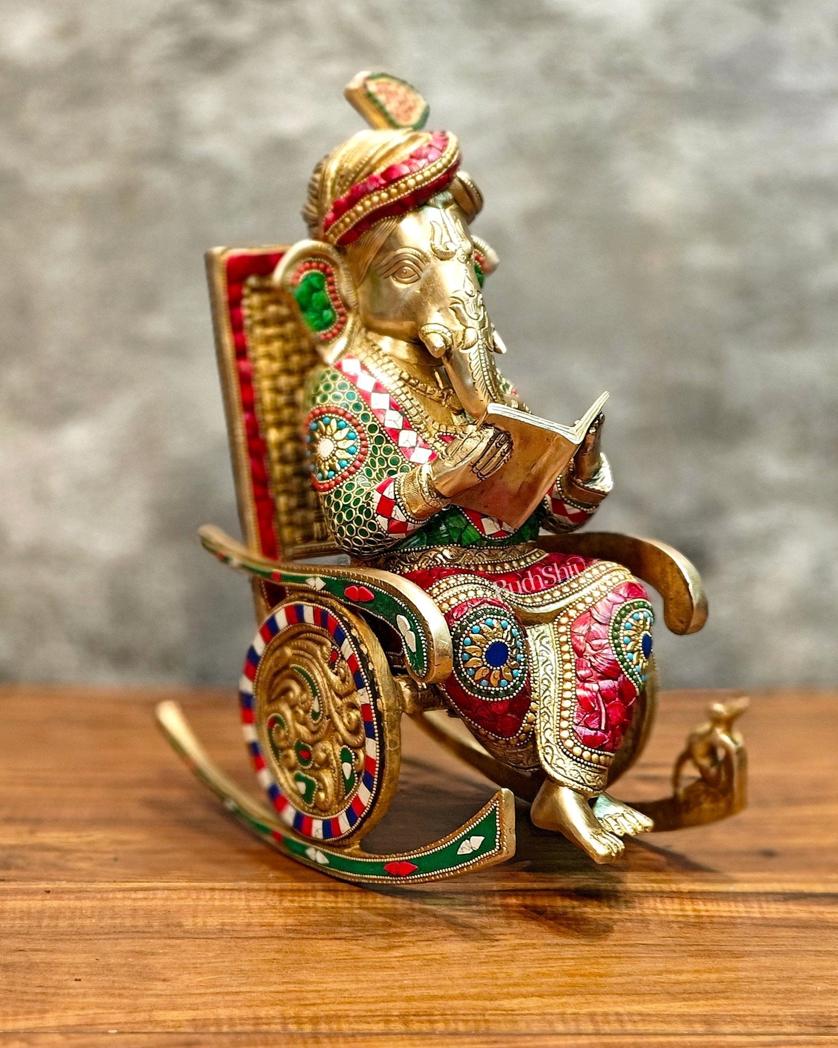 Brass Ganesha on Rocking Chair 17" - Budhshiv.com