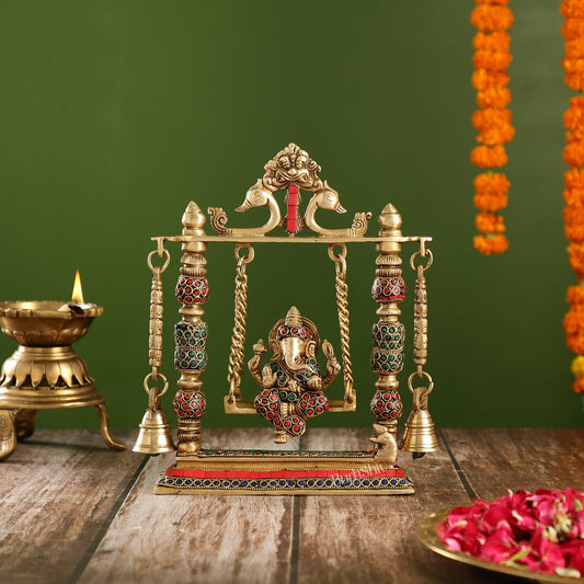 Brass Ganesha on Swing with Meenakari Stonework | Fine Craftsmanship - Budhshiv.com