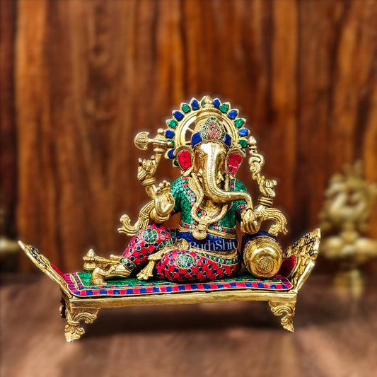 Brass Ganesha resting on diwan statue 13" - Budhshiv.com