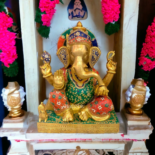 Brass Ganesha Statue 22" with stonework - Budhshiv.com