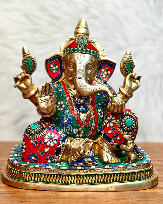 Brass Ganesha statue unique work - 15 inch - Budhshiv.com