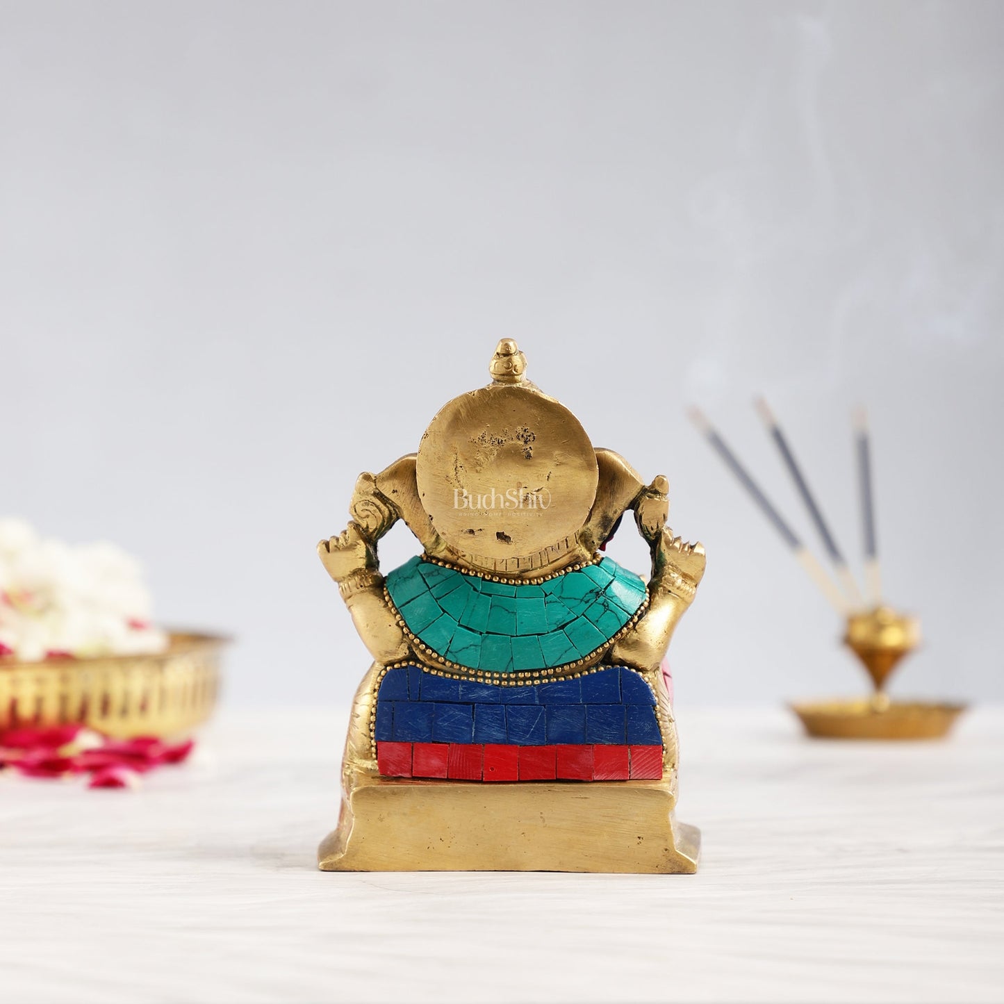 Brass Ganesha Statue with Stonework - 5.5 inch Perfect Gift" - Budhshiv.com