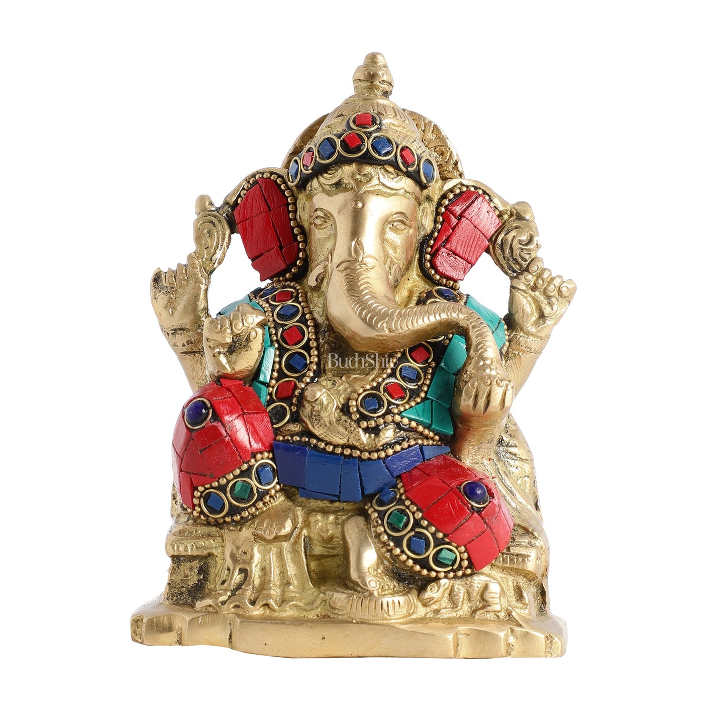 Brass Ganesha Statue with Stonework - 5.5 inch Perfect Gift" - Budhshiv.com