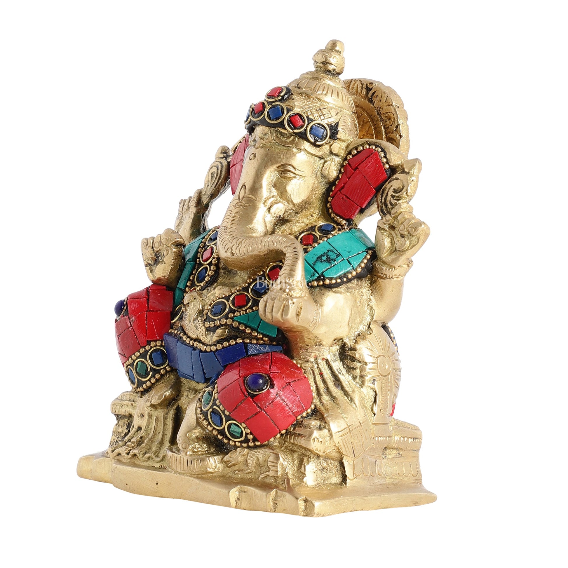 Brass Ganesha Statue with Stonework - 5.5 inch Perfect Gift" - Budhshiv.com