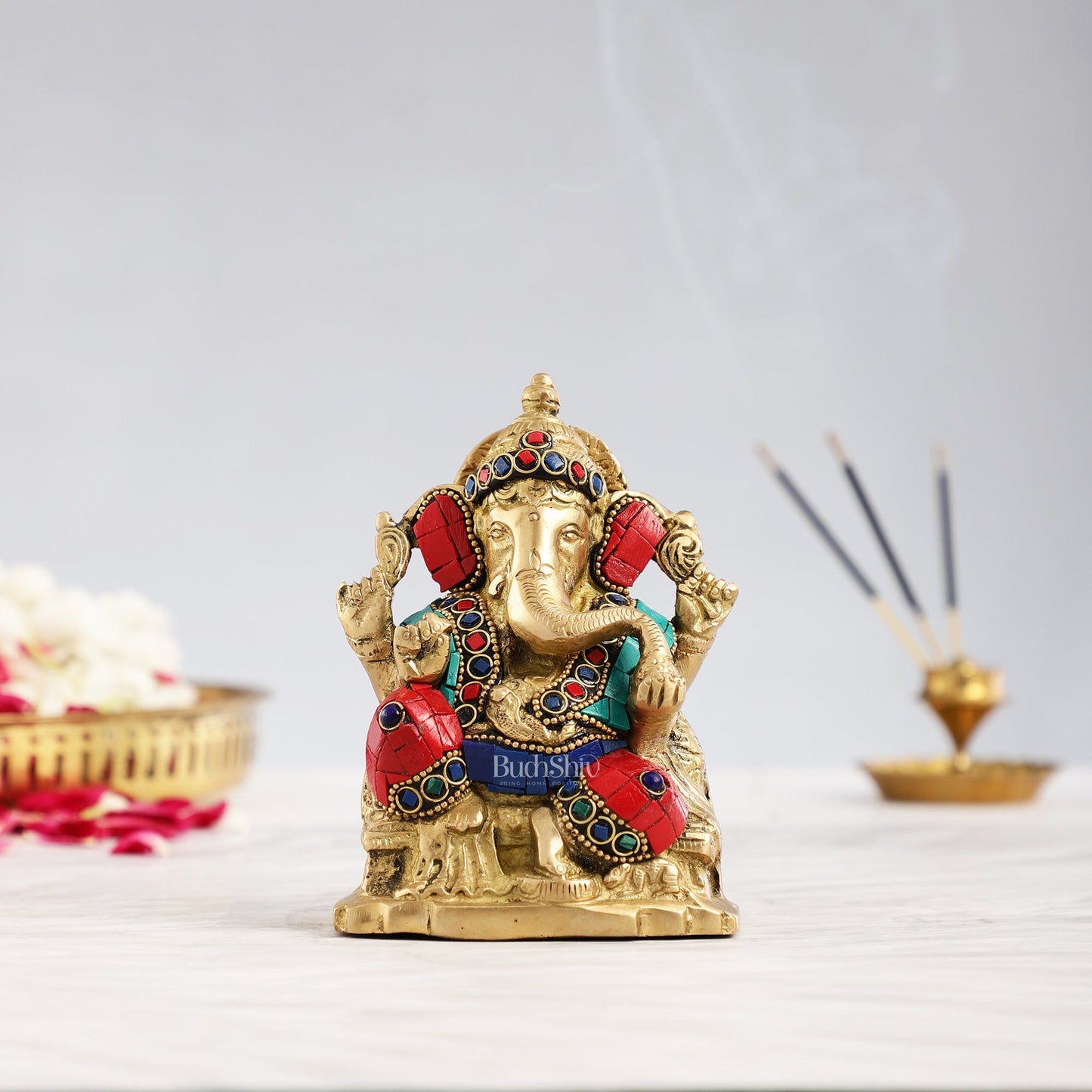 Brass Ganesha Statue with Stonework - 5.5 inch Perfect Gift" - Budhshiv.com