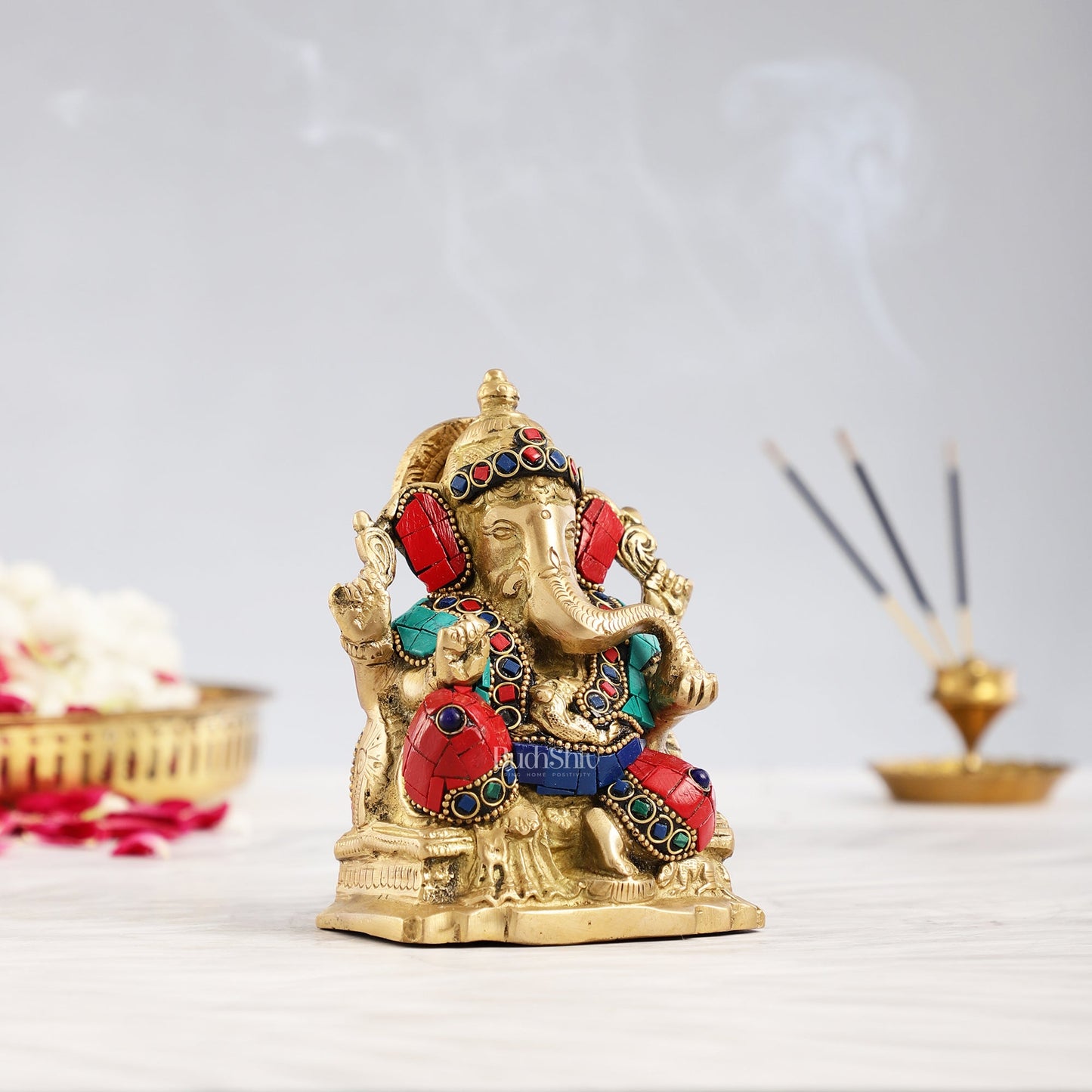 Brass Ganesha Statue with Stonework - 5.5 inch Perfect Gift" - Budhshiv.com