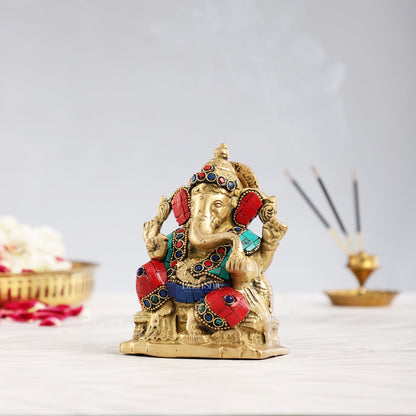 Brass Ganesha Statue with Stonework - 5.5 inch Perfect Gift" - Budhshiv.com