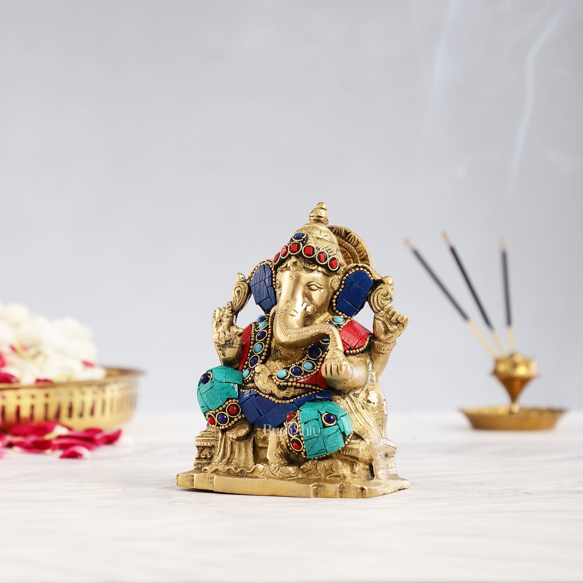 Brass Ganesha Statue with Stonework - 5.5 inch Perfect Gift" - Budhshiv.com