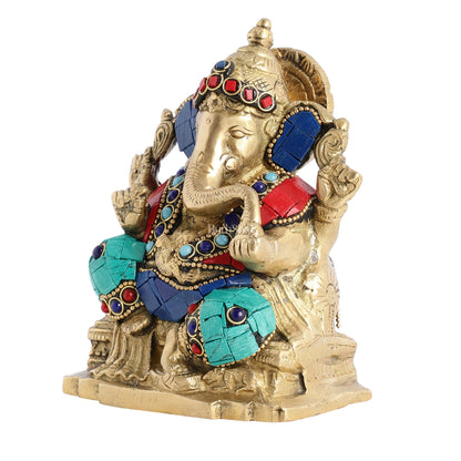 Brass Ganesha Statue with Stonework - 5.5 inch Perfect Gift" - Budhshiv.com