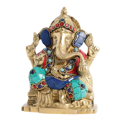 Brass Ganesha Statue with Stonework - 5.5 inch Perfect Gift" - Budhshiv.com