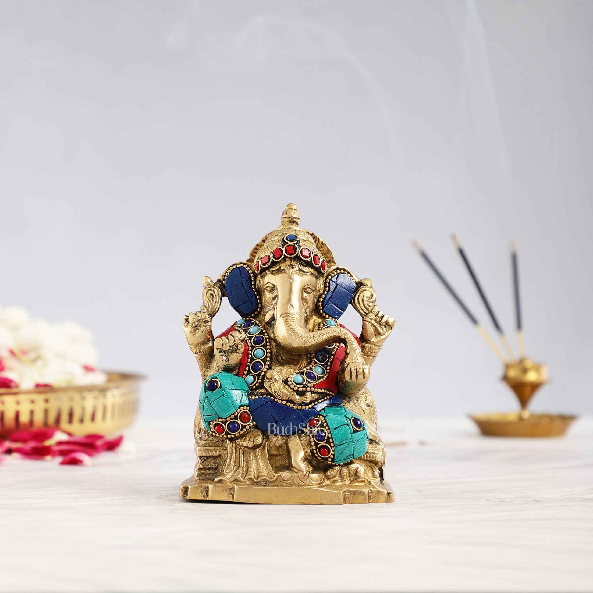 Brass Ganesha Statue with Stonework - 5.5 inch Perfect Gift" - Budhshiv.com