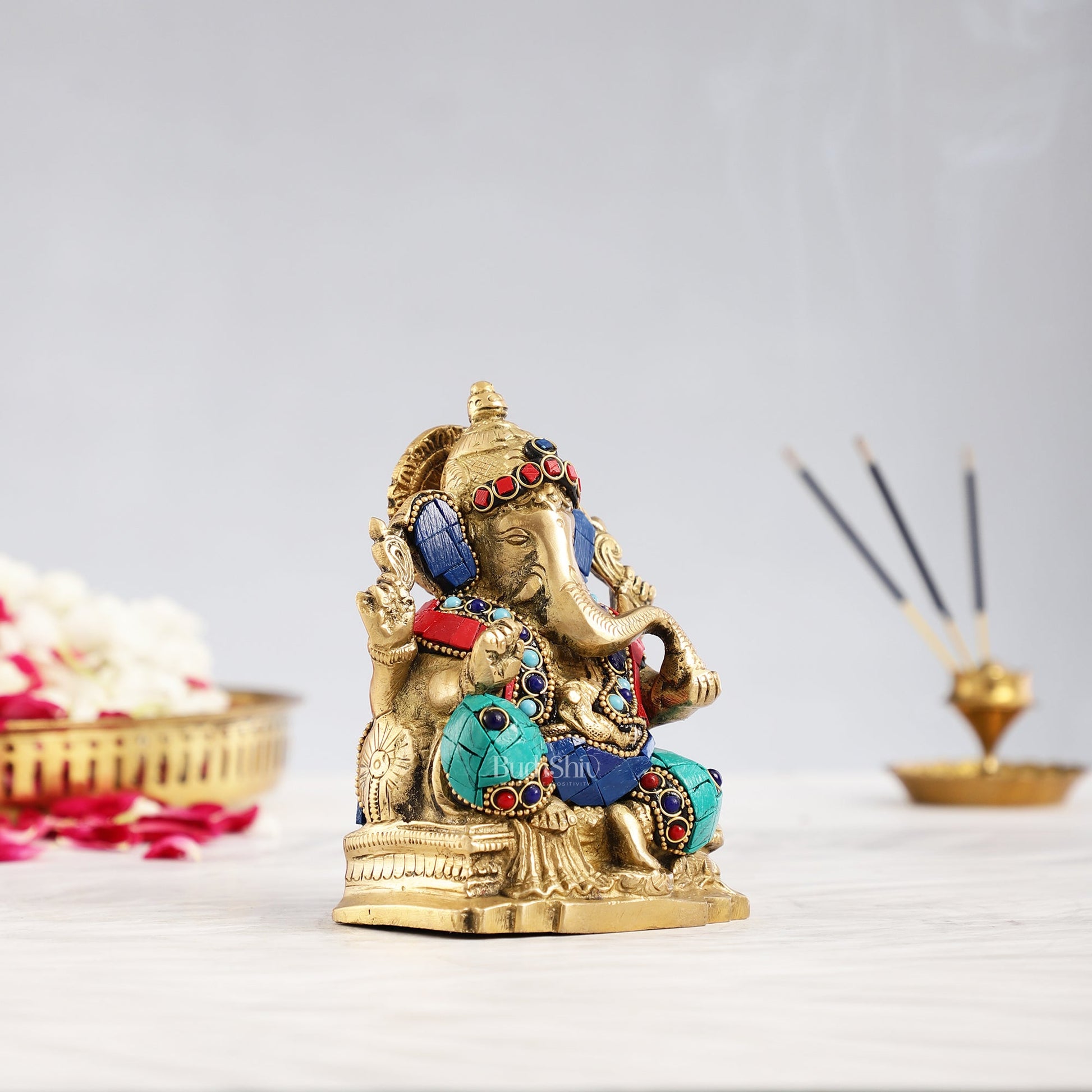 Brass Ganesha Statue with Stonework - 5.5 inch Perfect Gift" - Budhshiv.com