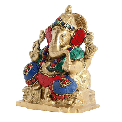 Brass Ganesha Statue with Stonework - 5.5 inch Perfect Gift" - Budhshiv.com