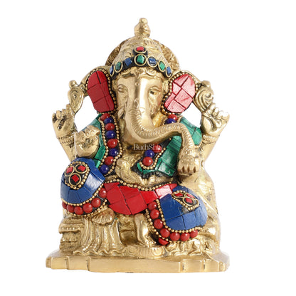 Brass Ganesha Statue with Stonework - 5.5 inch Perfect Gift" - Budhshiv.com