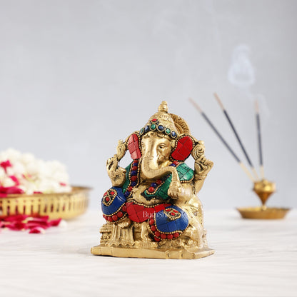 Brass Ganesha Statue with Stonework - 5.5 inch Perfect Gift" - Budhshiv.com