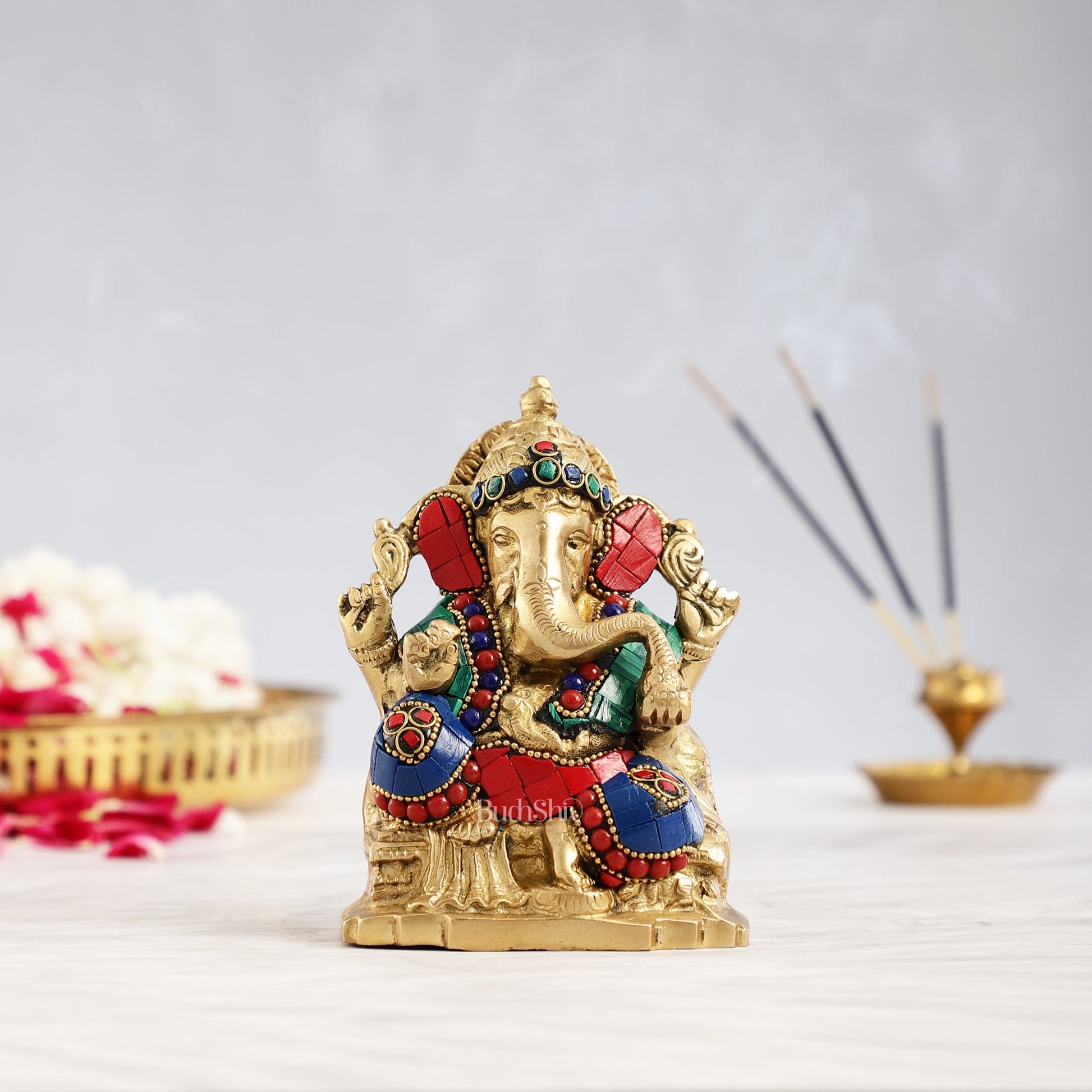 Brass Ganesha Statue with Stonework - 5.5 inch Perfect Gift" - Budhshiv.com