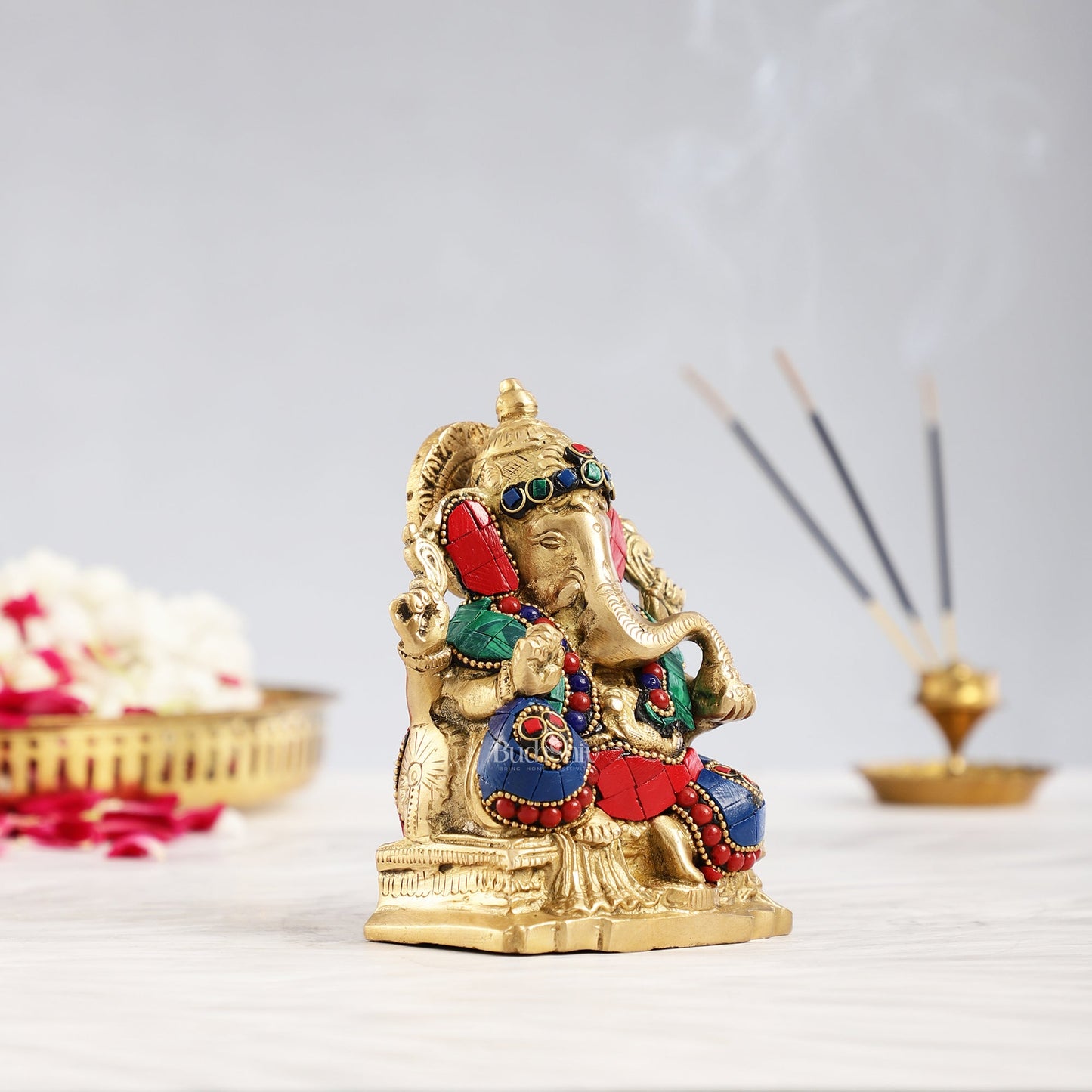 Brass Ganesha Statue with Stonework - 5.5 inch Perfect Gift" - Budhshiv.com